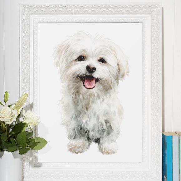 Watercolor White Maltese Dog Portrait Wall Art Print Poster, Unframed - Picture 6 of 6